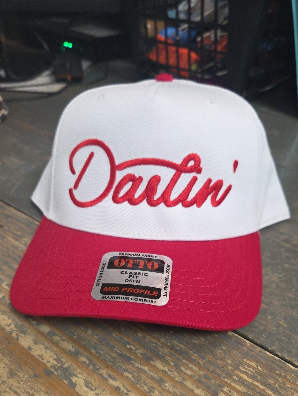Dartin' Script Trucker Hat - White and Red